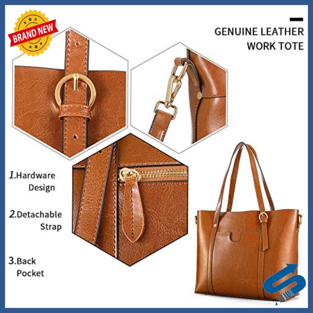 Leather Tote Bag with Cosmetic Organizer, Shoulder Handbag for Travel - Picture 4 of 7